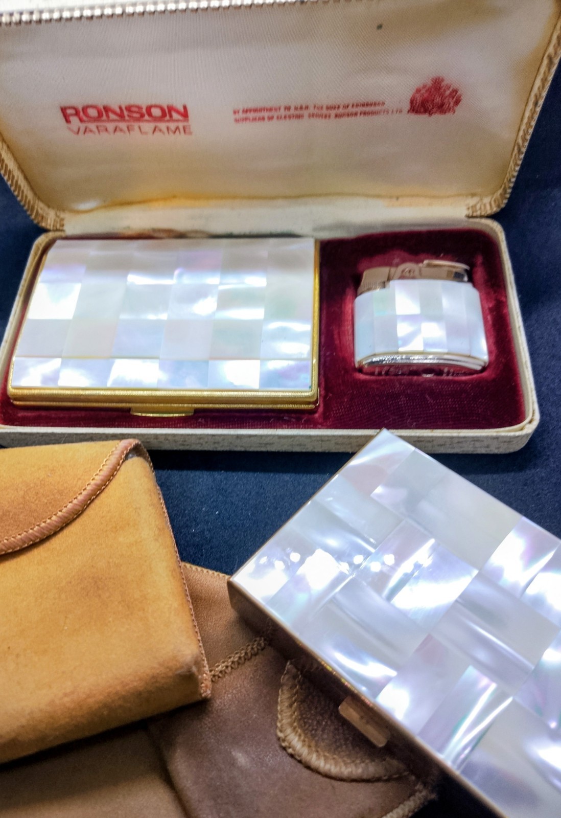 Vintage Restored Ronson Gas Mother of Pearl Set &AGME Swiss Musical Compact 