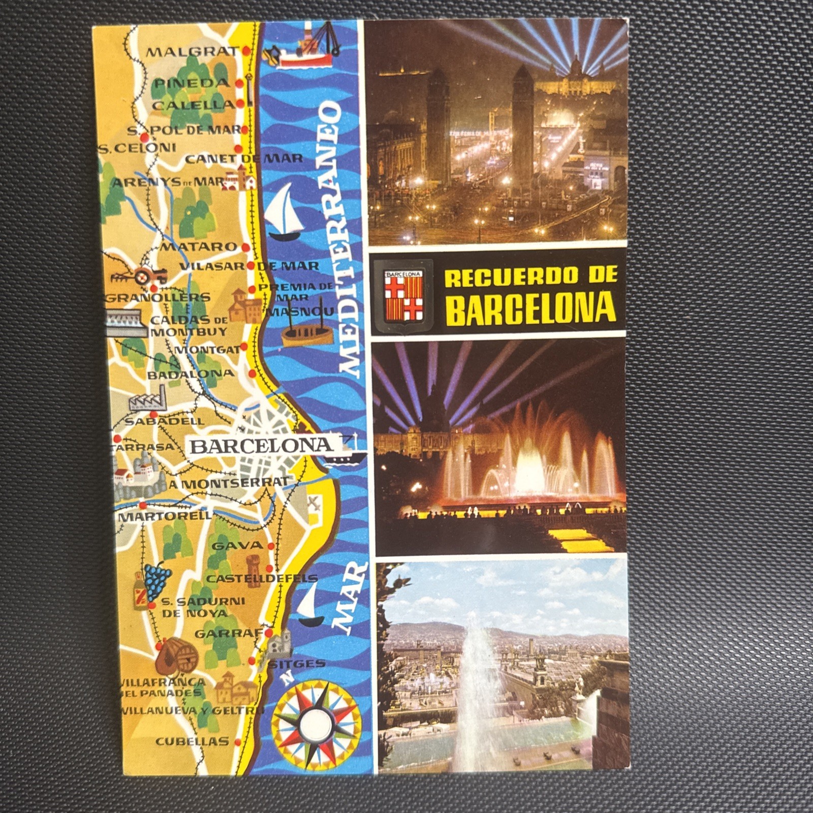 Barcelona Spain Map, Scenery Panels Unposted Vintage Postcard