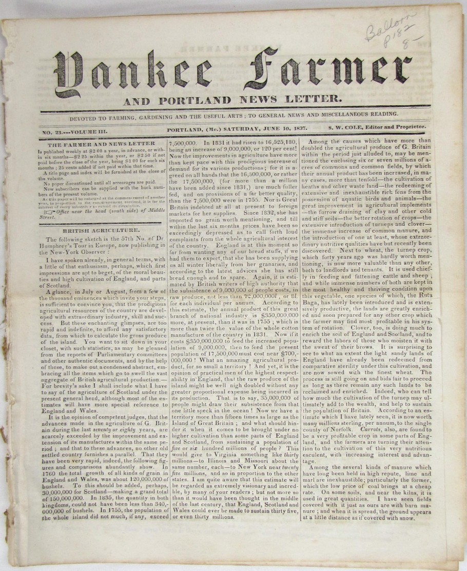 Antique 1844 Yankee Farmer Portland Maine Newspaper