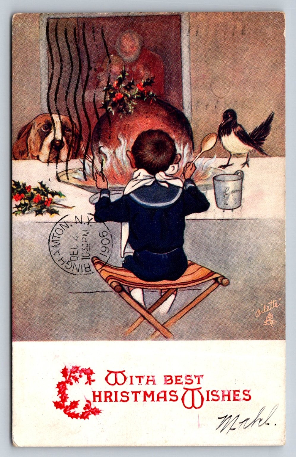 1906 Tuck\'s Christmas Postcard Boy Dog Turkey Ashland PA Miners Hospital Art