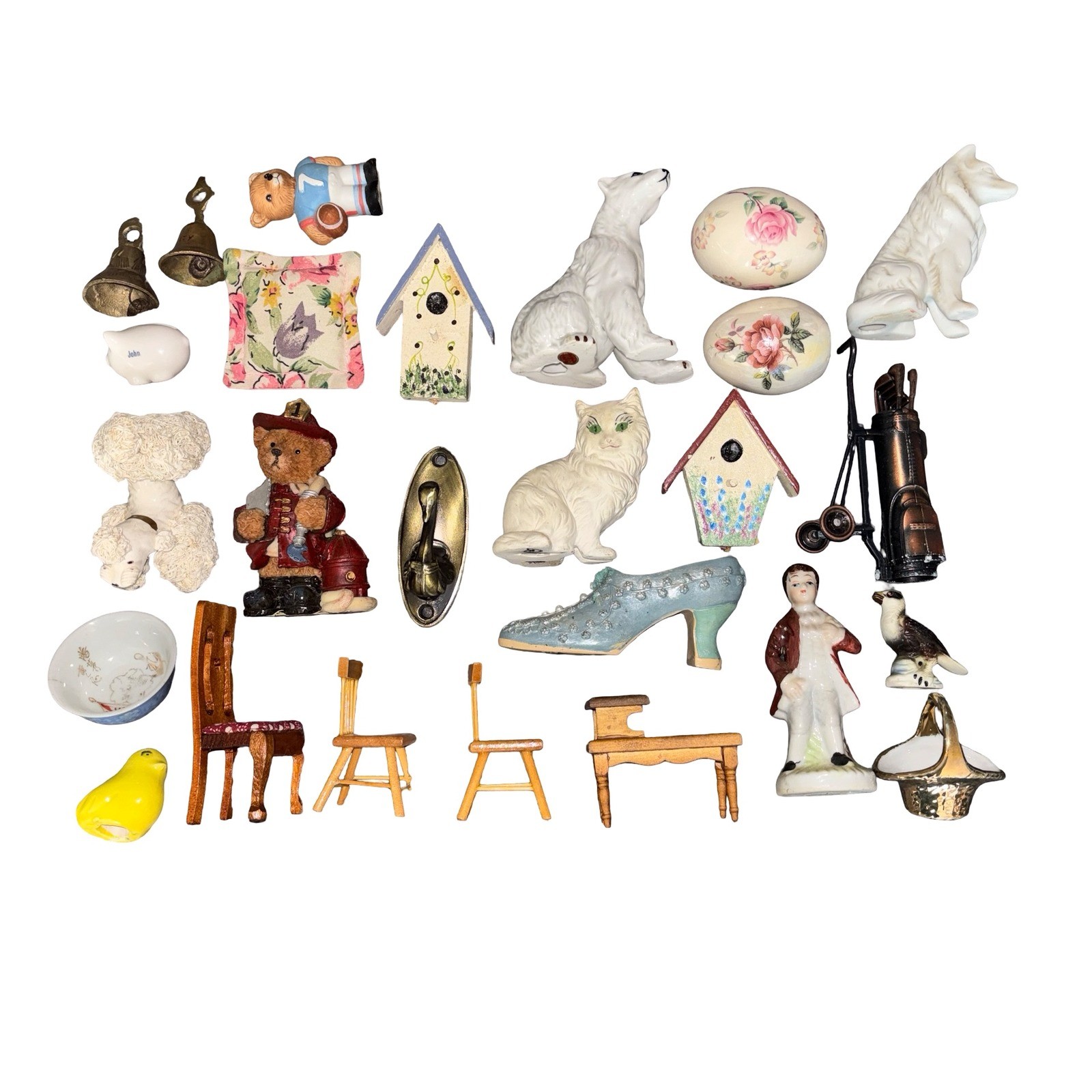 Vintage Miniature Figurine Lot Porcelain Animals Bells Wooden Furniture 26 Set