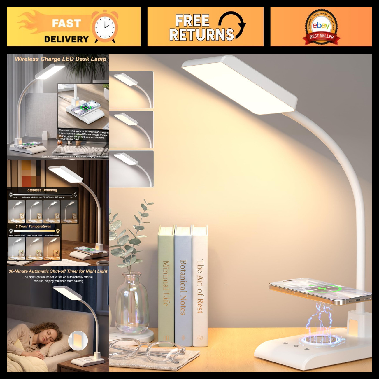 Desk Lamp with Wireless Charger LED Desk Lamps for Home Office White CRI90+