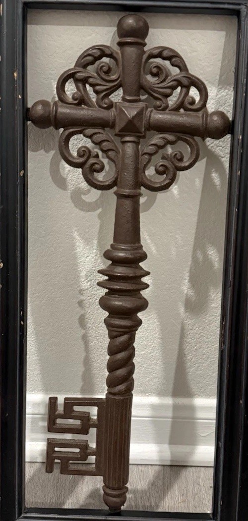 ornate Rustic cast iron skeleton Key Mounted Inside Wooden Frame 22”* 11”* 1”