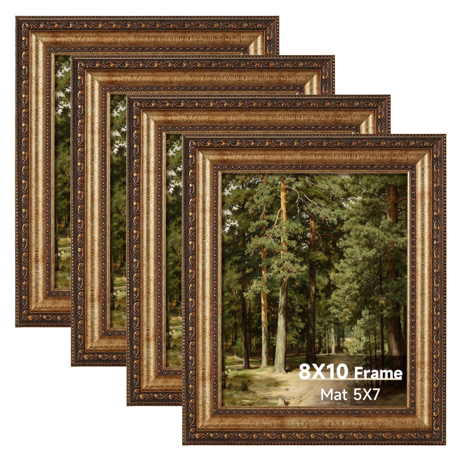 Vintage 8x10 Gold Picture Frames, Matted for 5x7 Prints, Set of 4 Decorative Fra