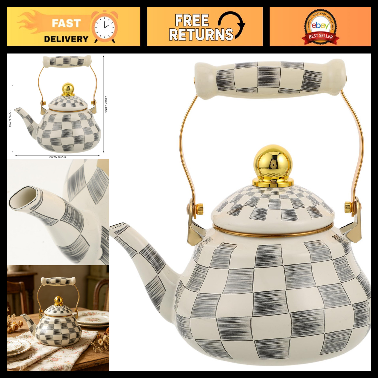 Vintage Enamel Tea Kettle 1.5L - Checkered Stovetop Teapot with Heat Resistant H