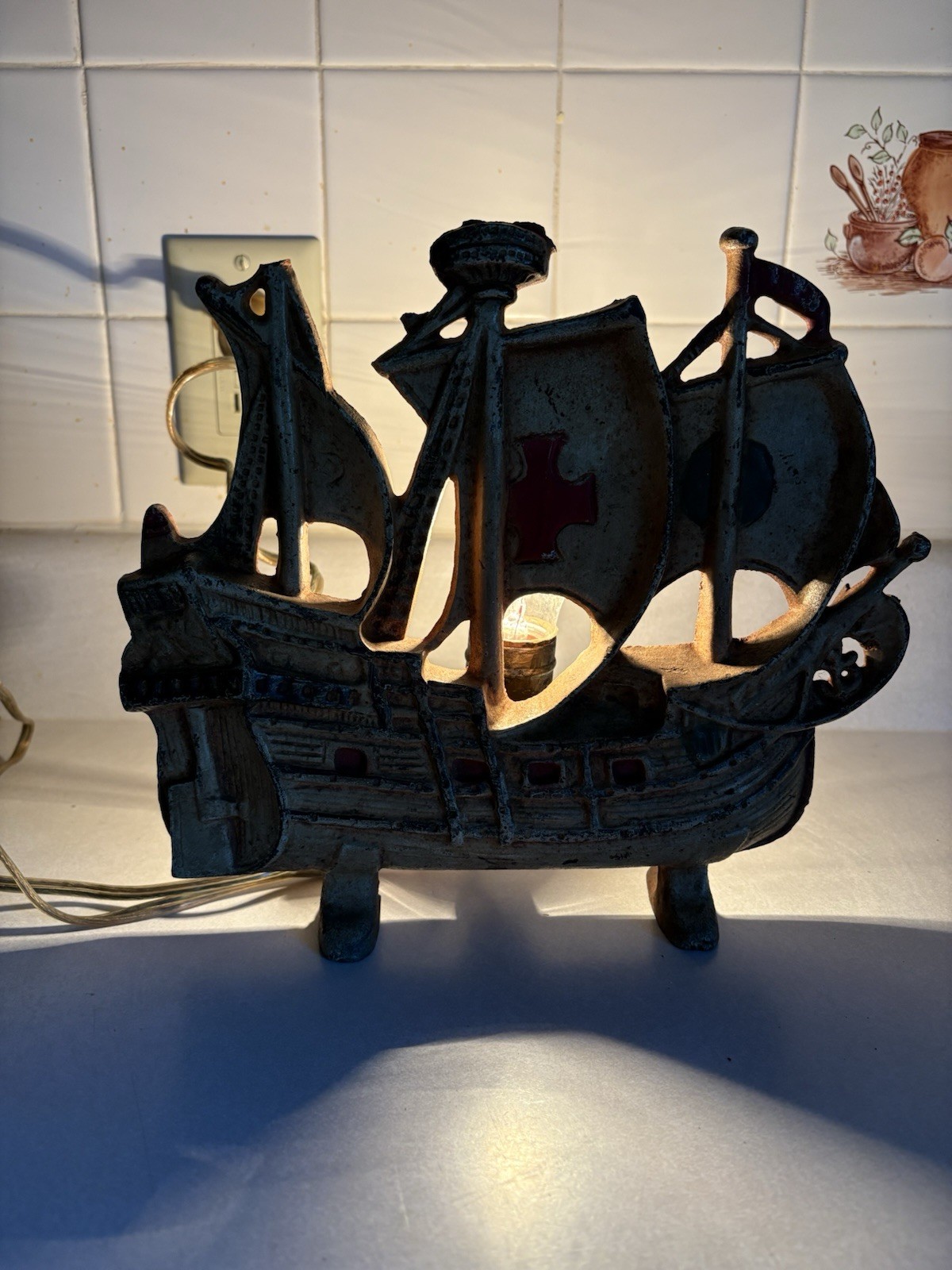 Antique Cast Iron Spanish Galleon Ship Lamp 1930’s. Works