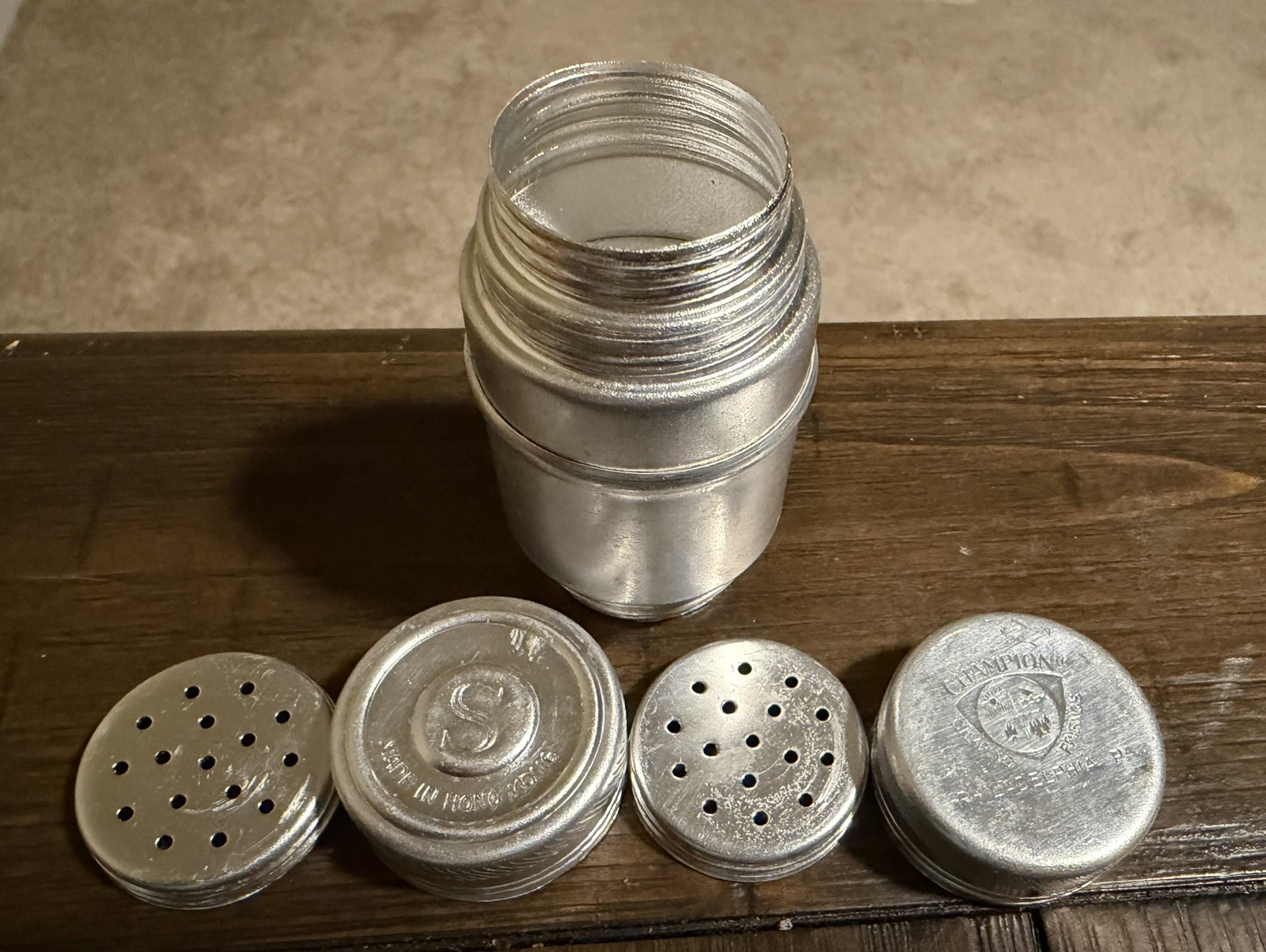 Vintage Champion Camping Friends Aluminum Salt Pepper Shaker Philadelphia PA OLD