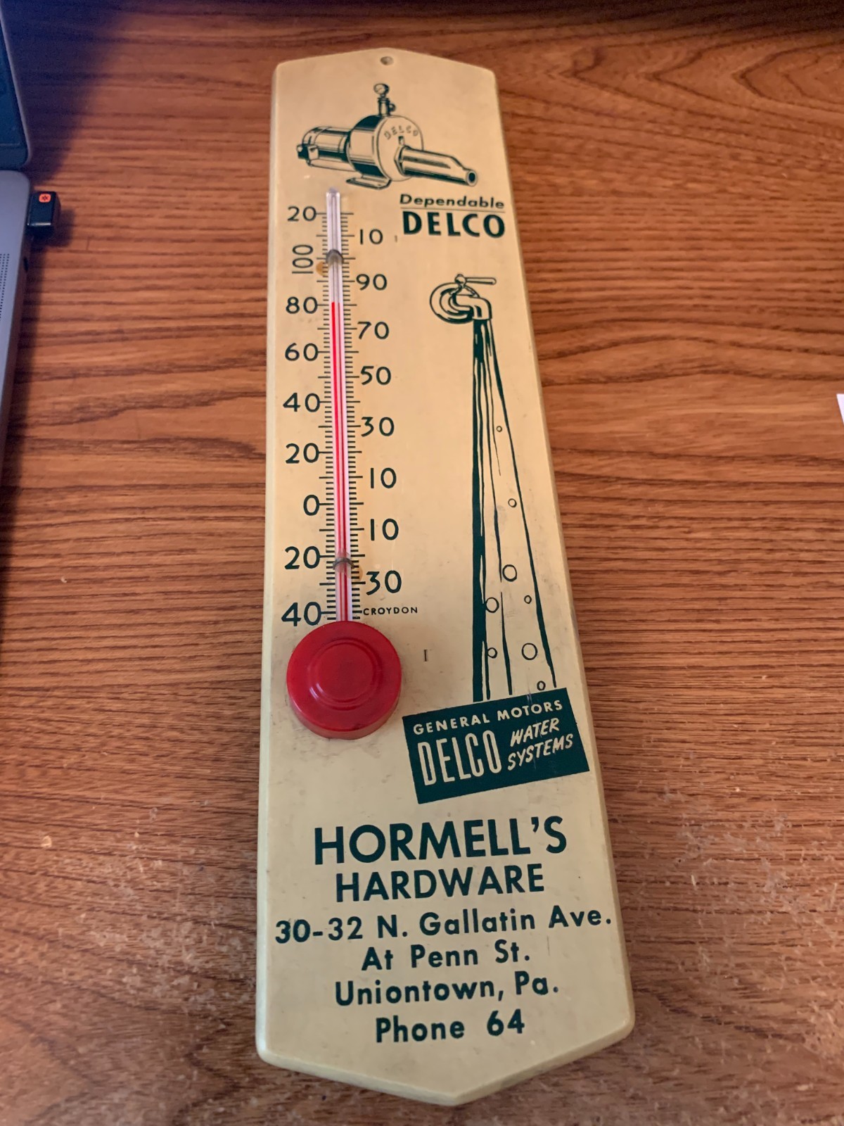 DELCO GENERAL MOTORS WATER SYSTEM WOOD 2 DIGIT PHONE 64 UNIONTOWN PA THERMOMETER