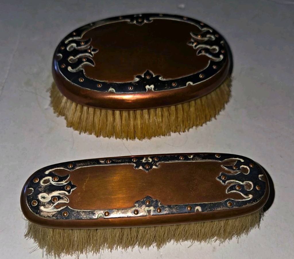 2 beautiful art noveau Vanity Brush set marked copper sterling dresser brushes 