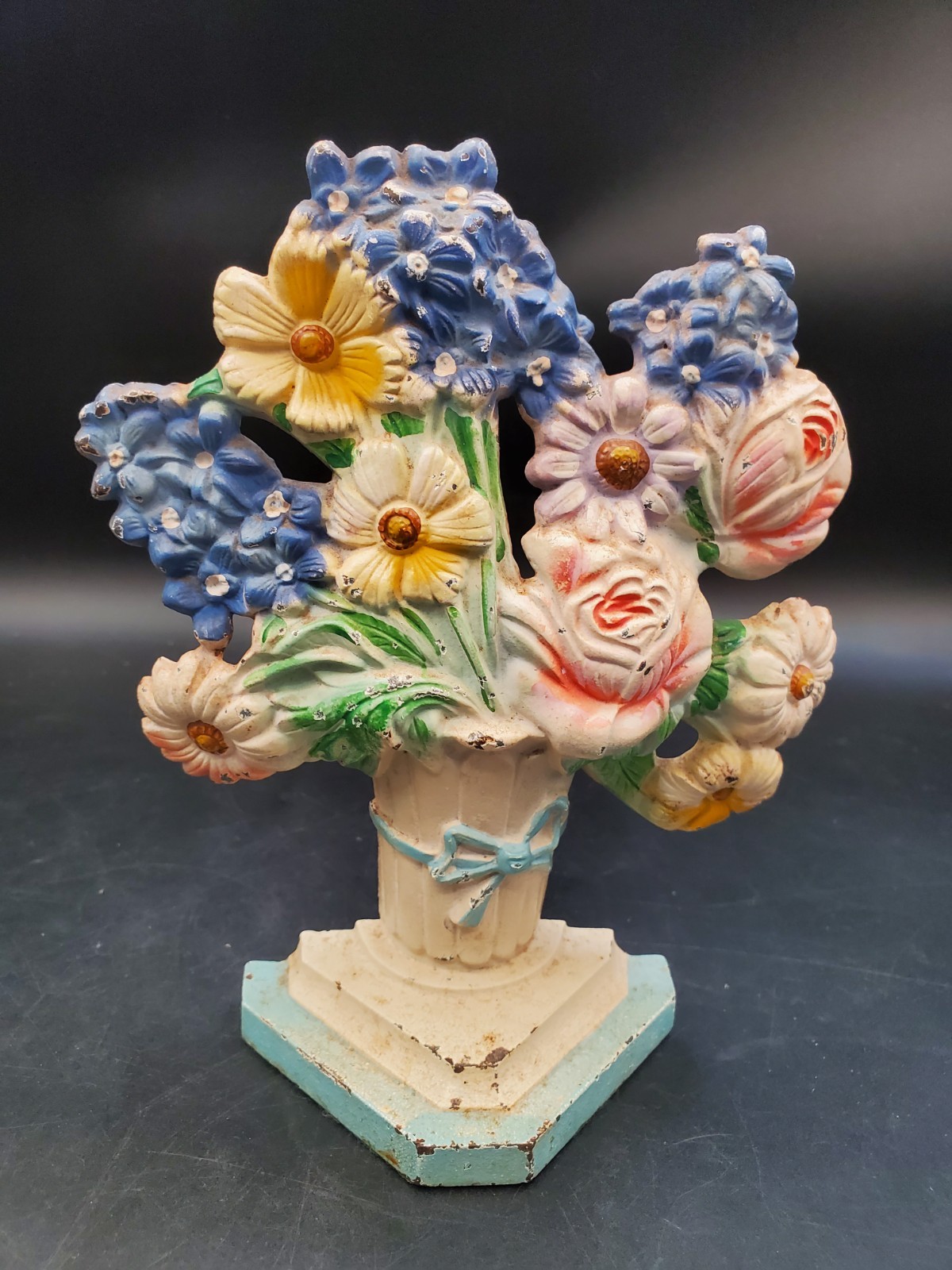 Vintage HUBLEY Delphiniums #490 Cast Iron Flower Basket Door Stop