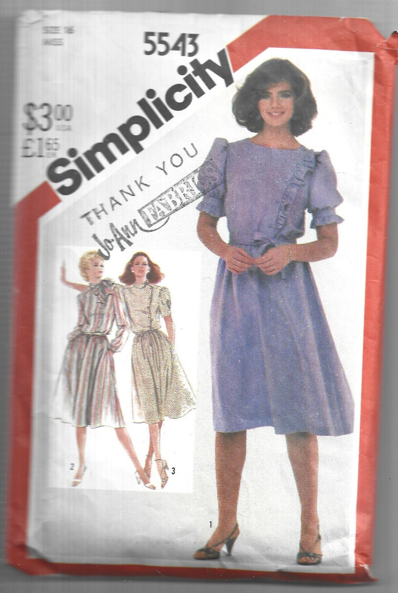 Simplicity 5543 Misses Pullover Dress Size 16 Sewing Pattern Vtg 1982 Cut
