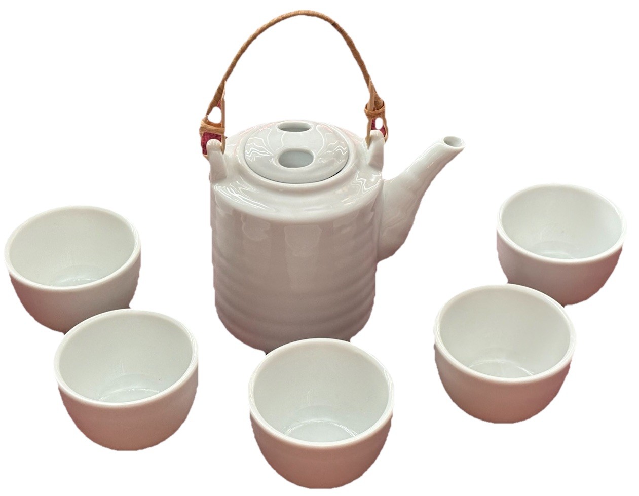 NEW Set of 6 Starbucks Tea Set 5 Porcelain Cups & Tea Pot White Ribbed