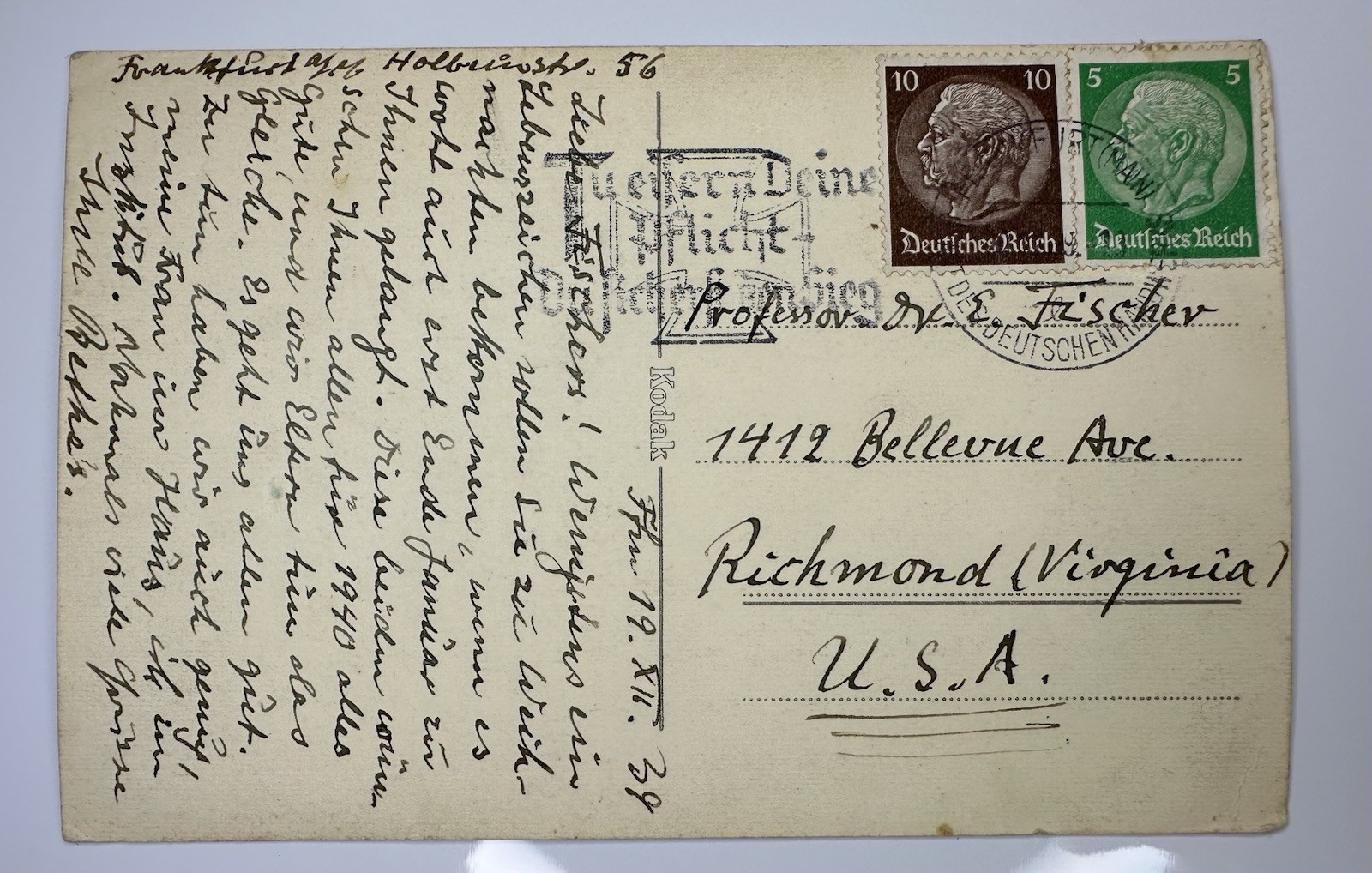 RARE WW2 German Third Reich Postcard A. Bethe (Father to Hans) to Jewish Dr. USA