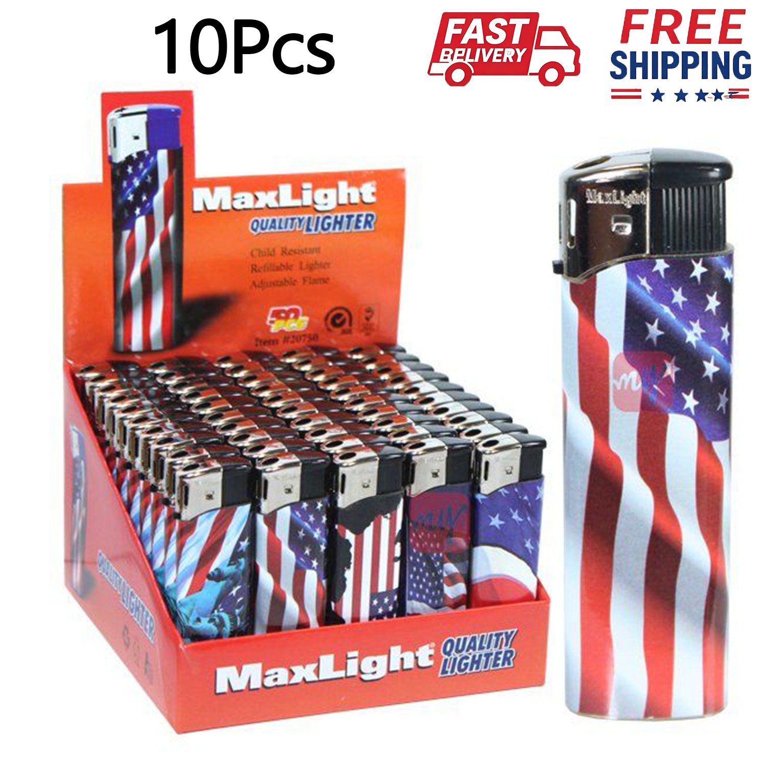 Maxlight Flag Design Lighters – 10 Pack, Multi-Color American Flag Print