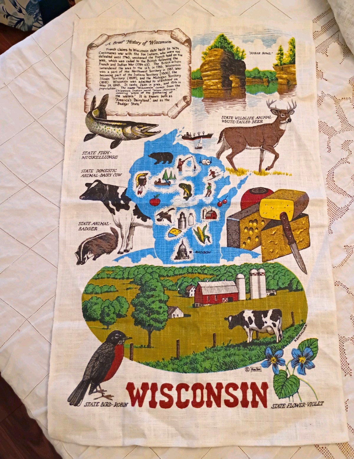 Vintage Kay Dee Wisconsin Printed Scenic State Map Linen Hanging Lake House