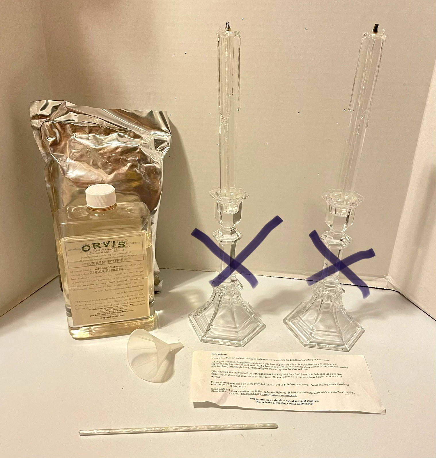 2 VTG clear glass taper oil candles with simulated wax drips, funnel & oil 