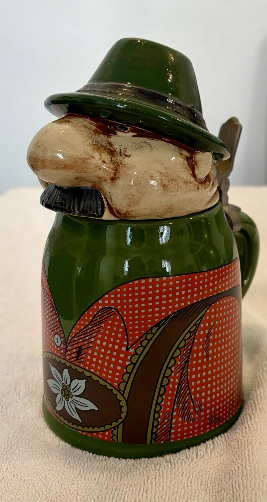 German GERZ GERZIT Vintage Lidded Figural Stein Mustache Man with Hat Mountain