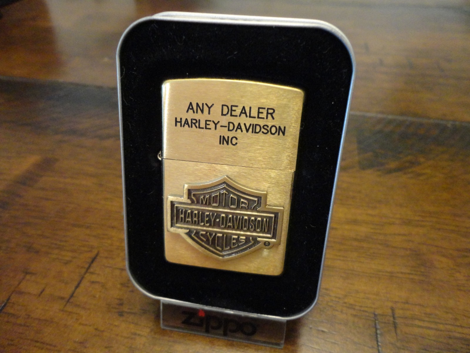 HARLEY DAVIDSON SALESMAN SAMPLE BRASS ZIPPO LIGHTER NEAR MINT IN BOX 1998 PATINA