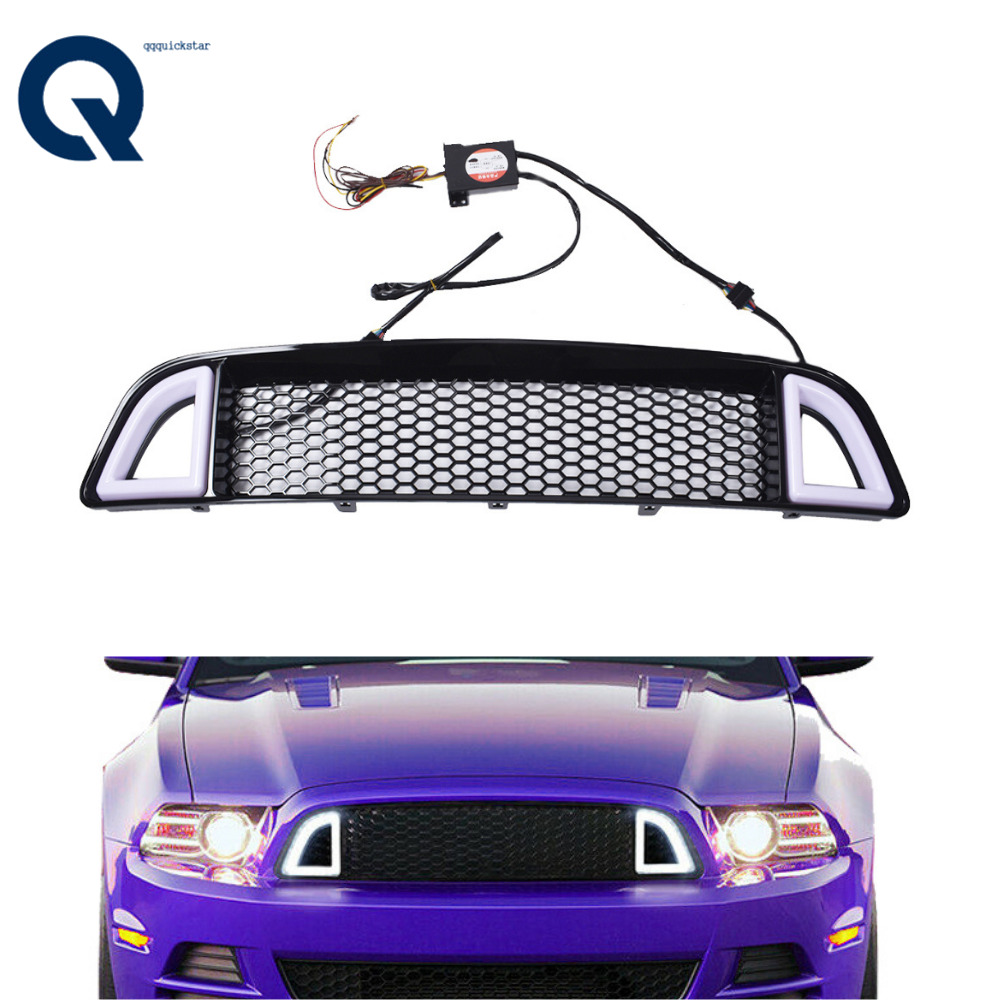 Front Bumper Upper Grille Black W/ White LED For 2013-14 Ford Mustang Non-Shelby