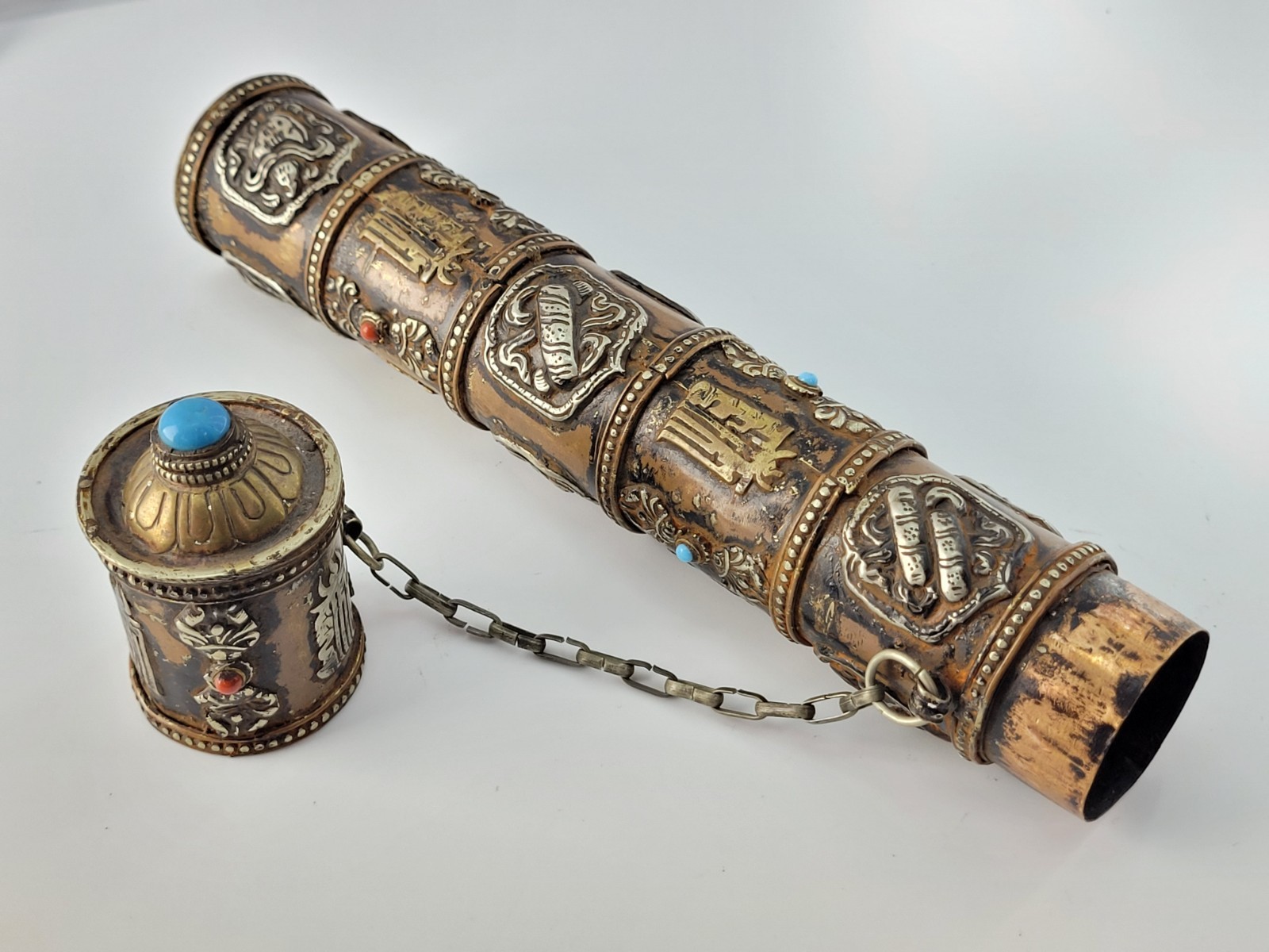 1800s Tibetan Buddhist Copper Silver Brass Prayer Scroll Incense Holder 10.5\