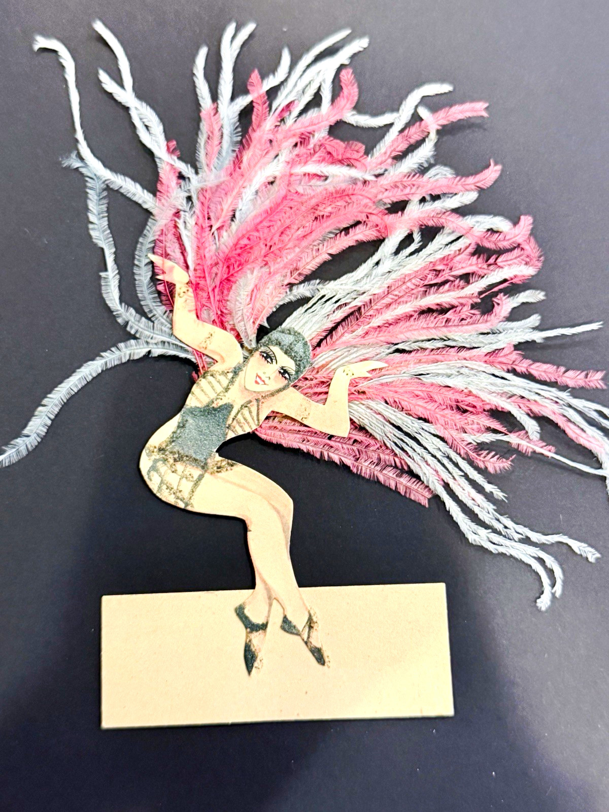 Antique Art Deco Feathered Showgirl Table Decoration Place Card 6.5” Original Os