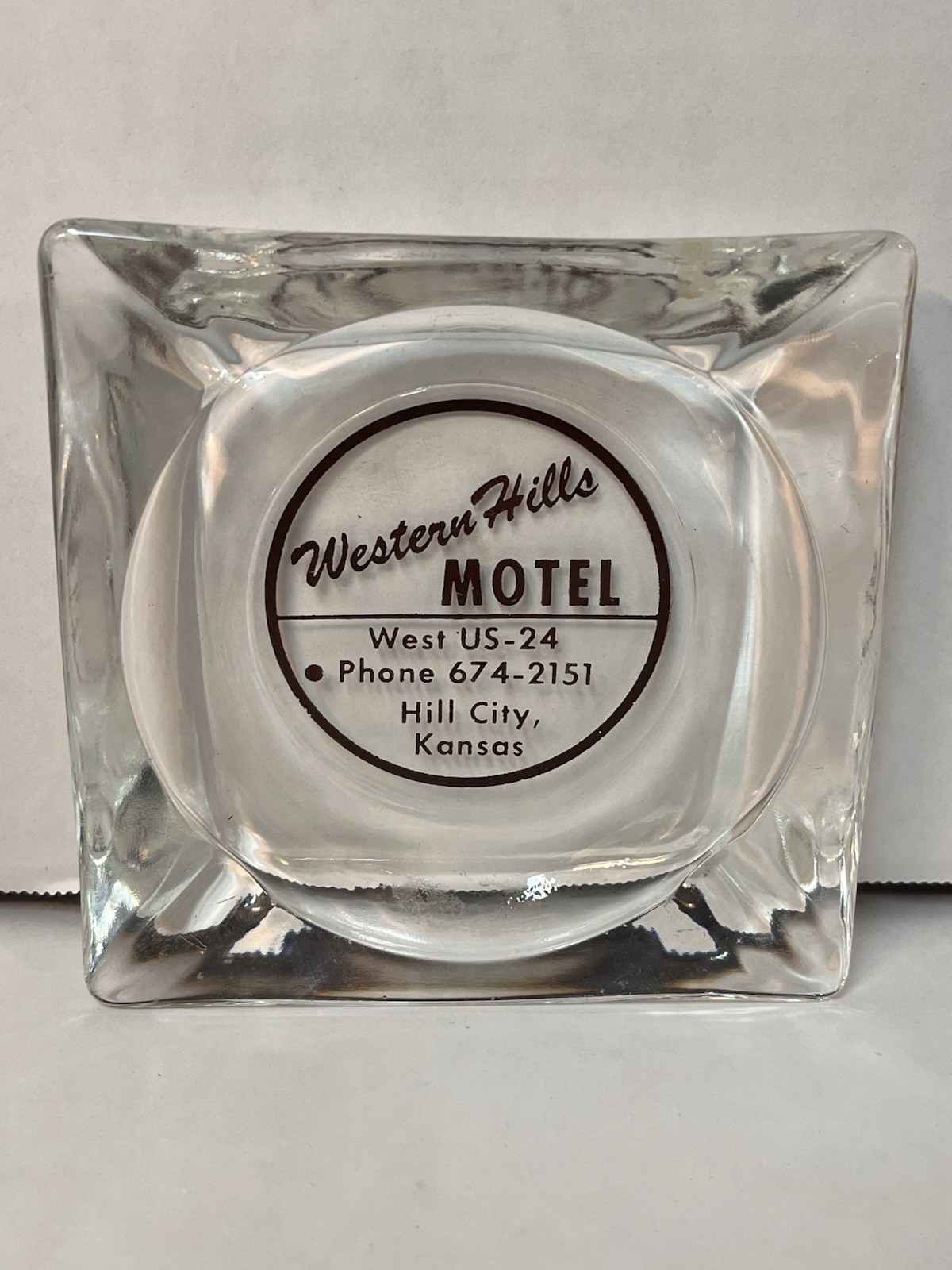 Vintage Western Hills Motel Ashtray Hill City KS US-24 Hwy 24 Glass Advertising