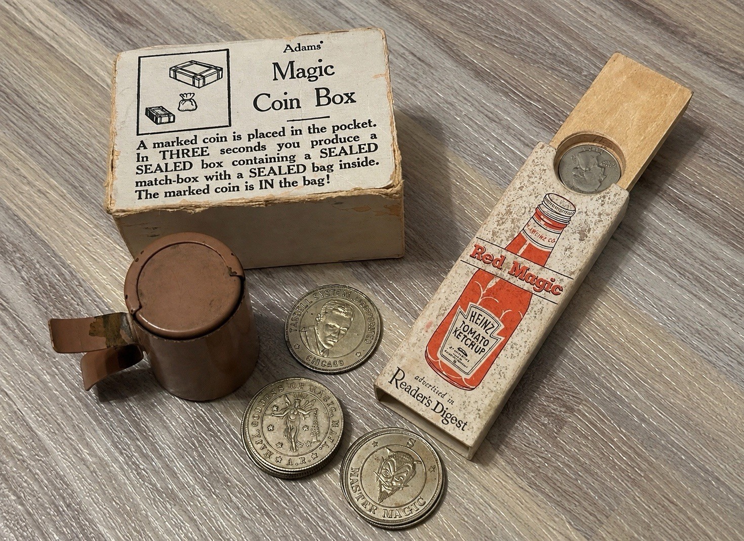Vintage Magic Trick Lot Adams Magic Coin Box Heinz Red Magic Magician Tokens