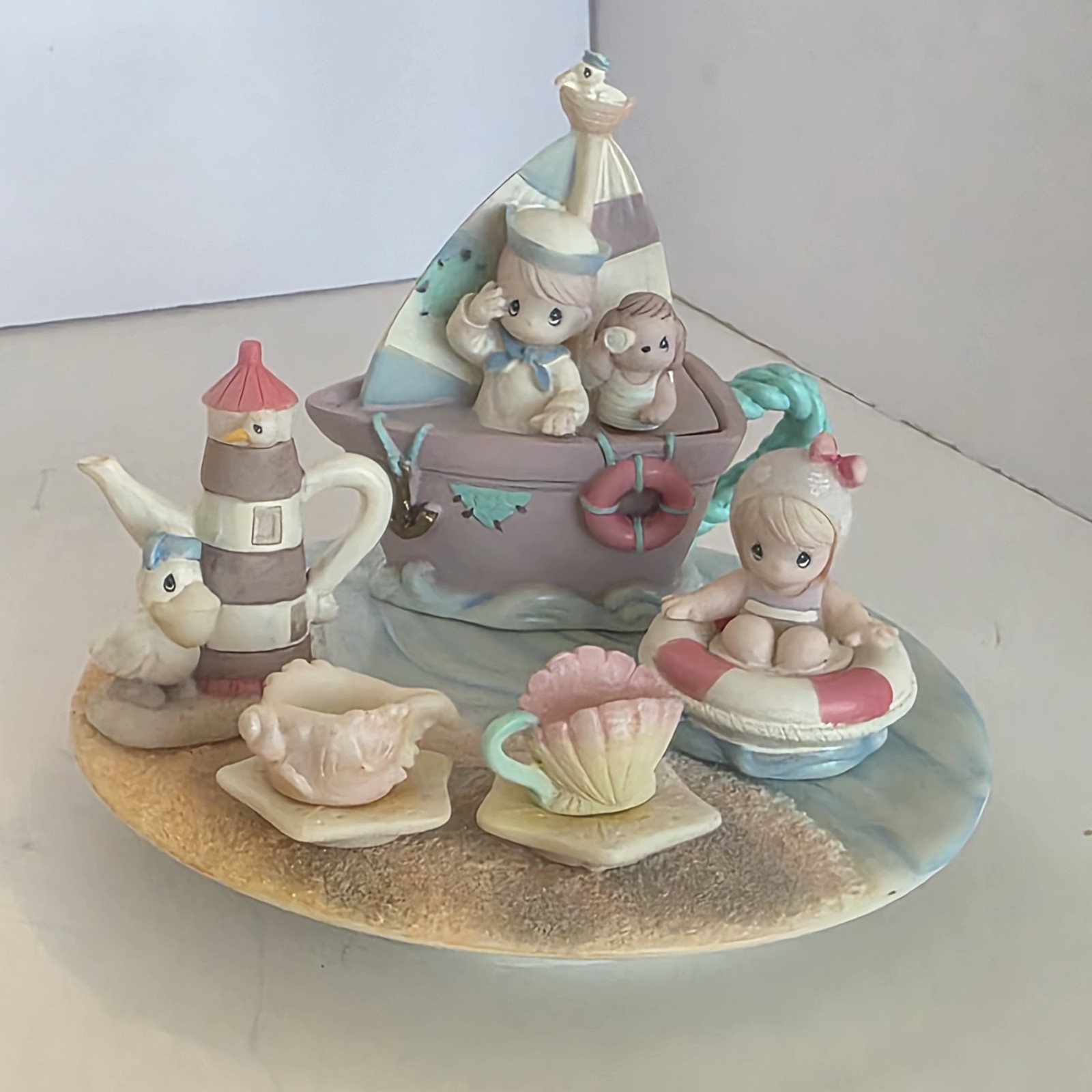 Vintage Precious Moments Mini Sand Castle Beach Child Tea Set with Display Tray