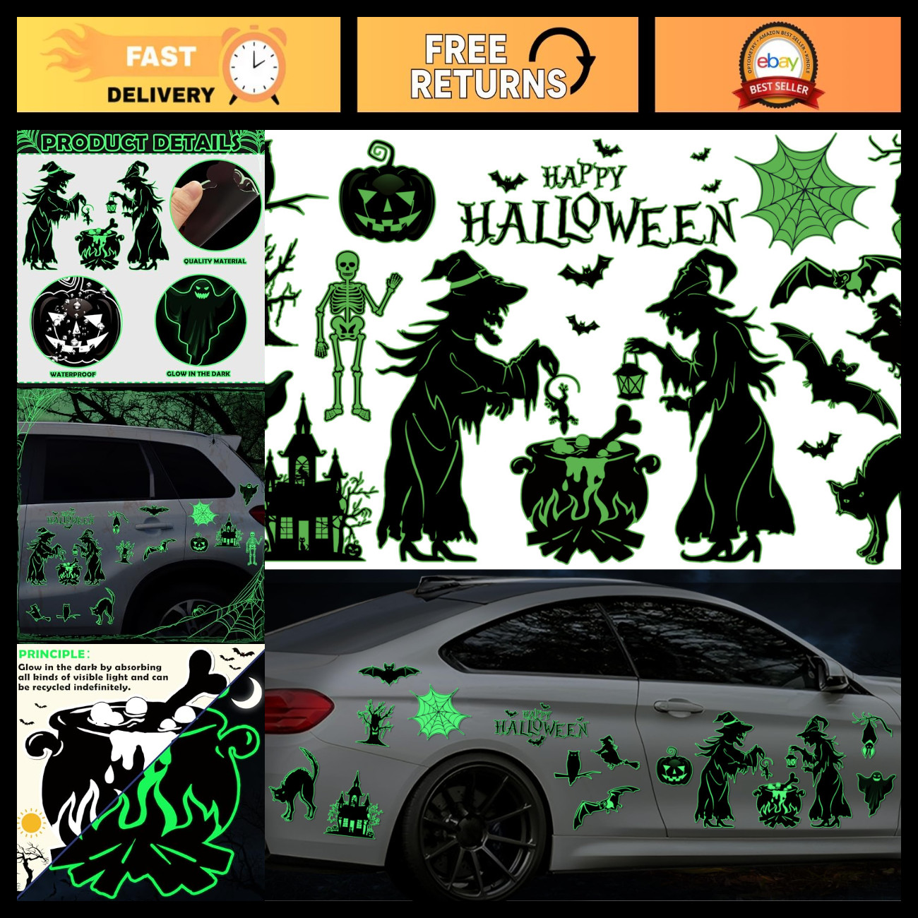 16Pcs Glow in the Dark Halloween Car Magnet Decor Set - Spooky Vehicle Decoratio