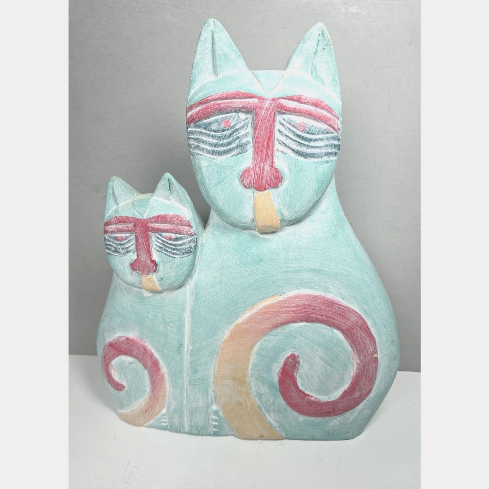 Vintage Folk Art Cat Sculpture Carved Wood Painted Turquoise Color 12.5\