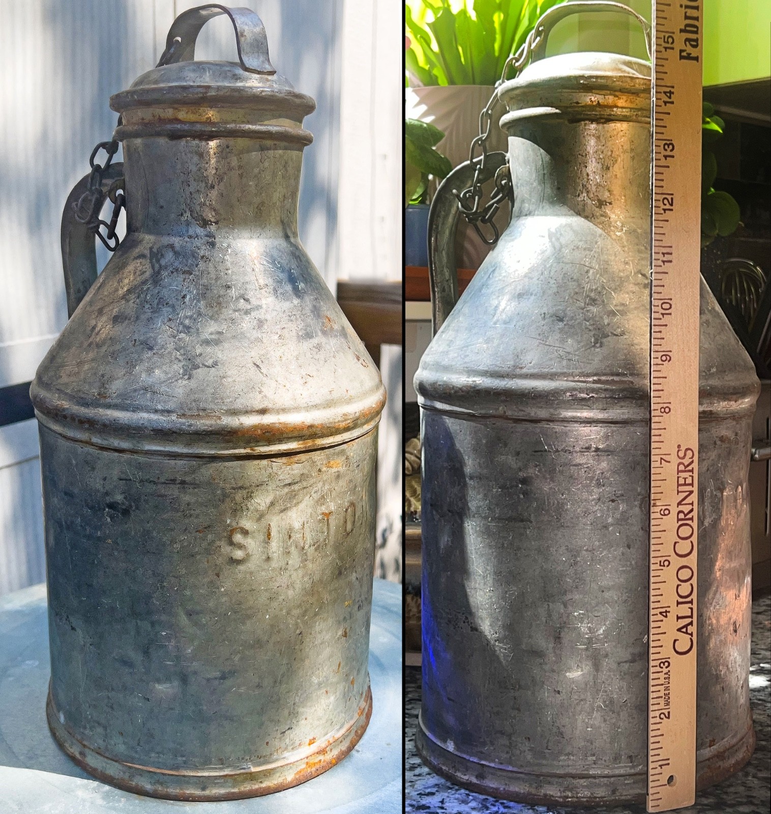 VINTAGE SINTON DAIRY COLORADO SPRINGS GALVANIZED MILK CAN W/LID & CHAIN 16”