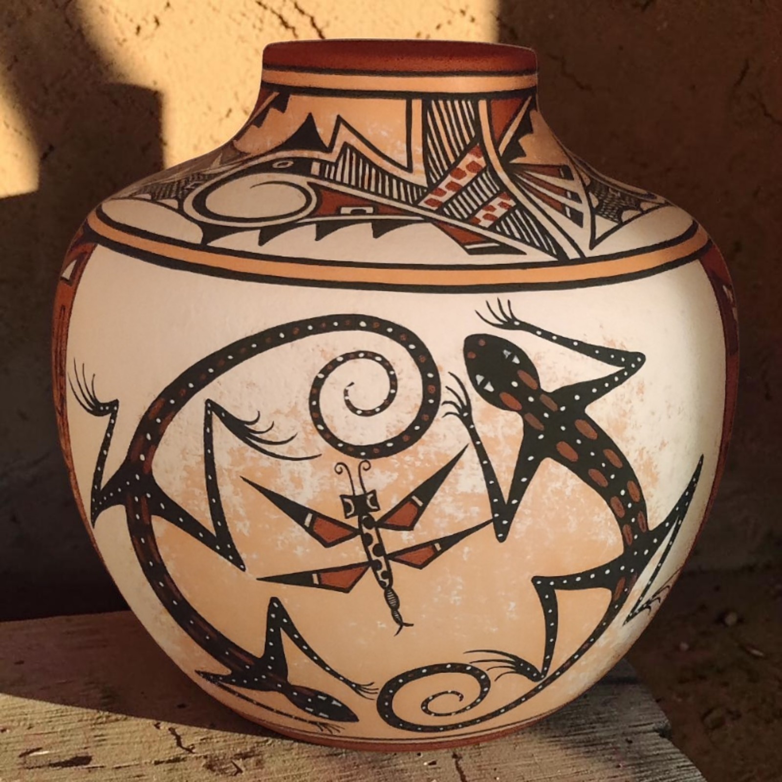 VTG Zuni Pottery Olla Jar Deldrick Lorenda Cellicion LIZARD DRAGONFLY Polychrome