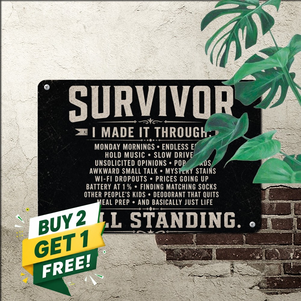 Tough Survivor Frameless Black Metal Sign Bold Motivational Wall Decor