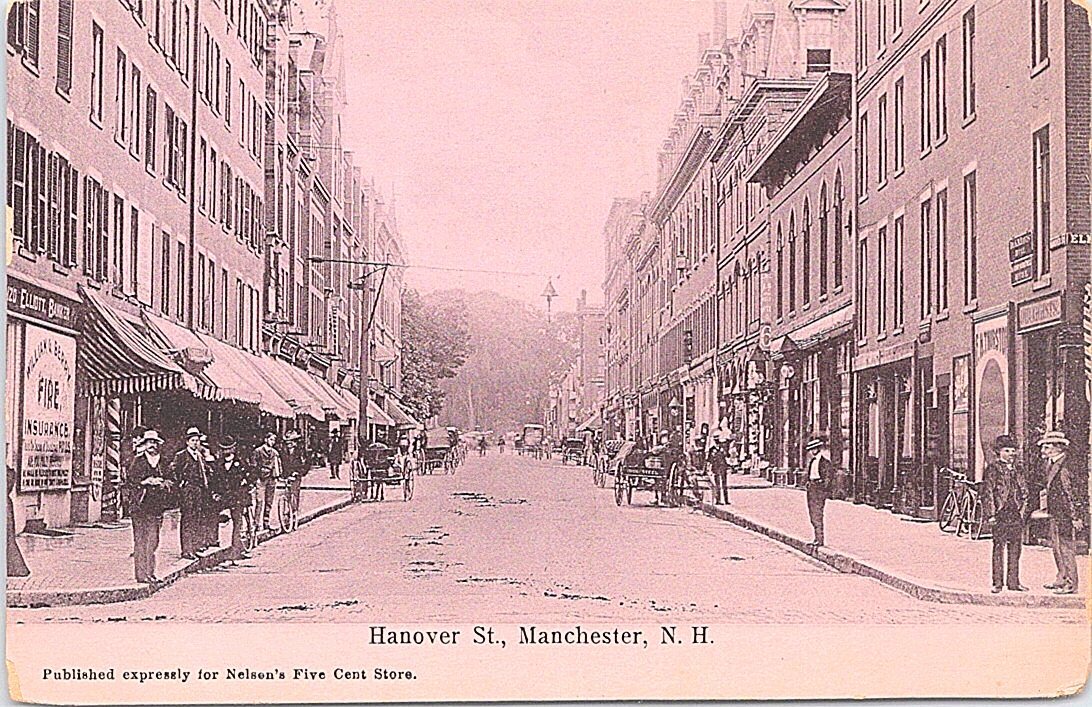 Lithograph Manchester NH Downtown Street Scene early 1900s