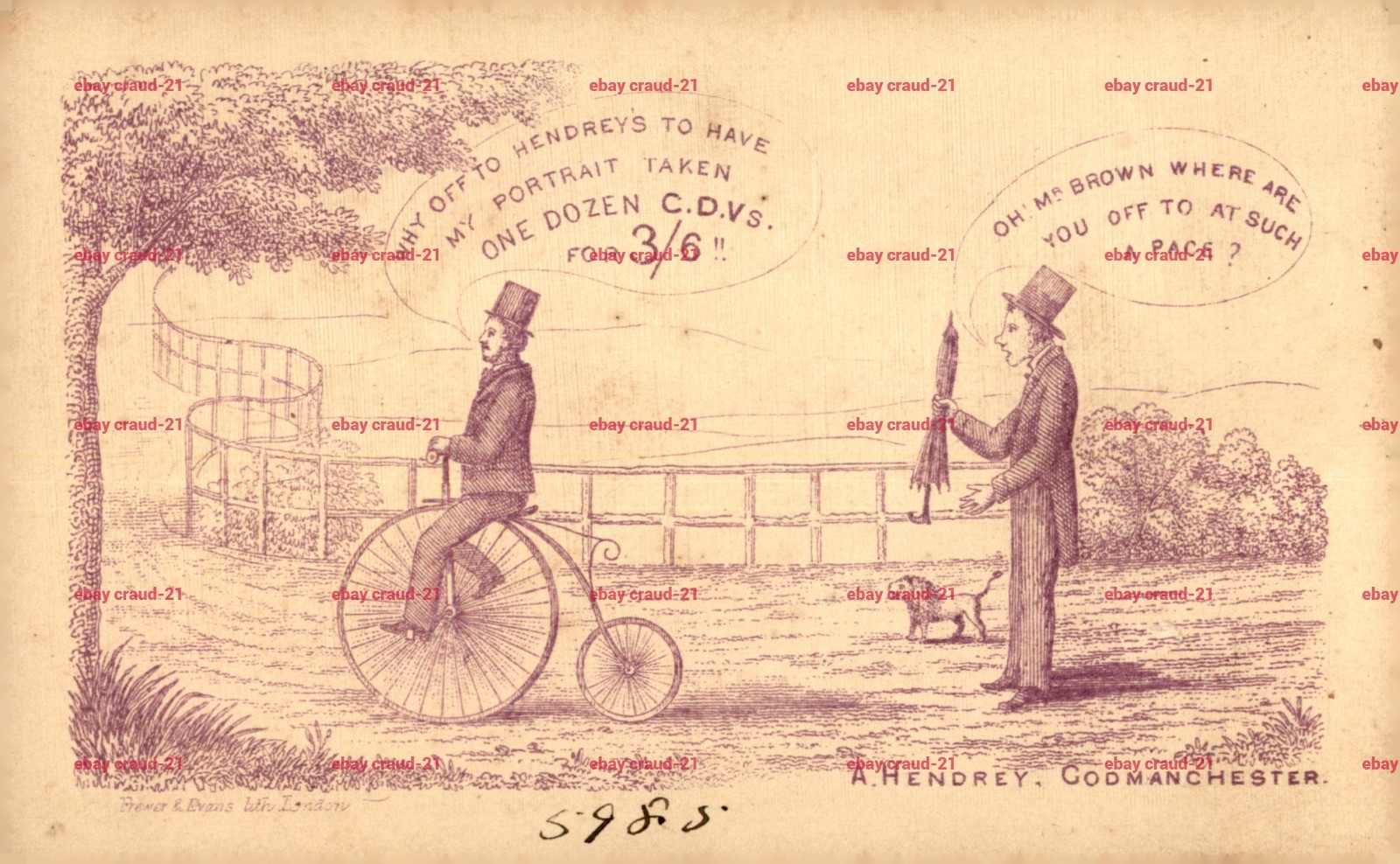 Rare Penny Farthing Bicycle Cartoon CDV Backstamp A Hendrey Godmanchester