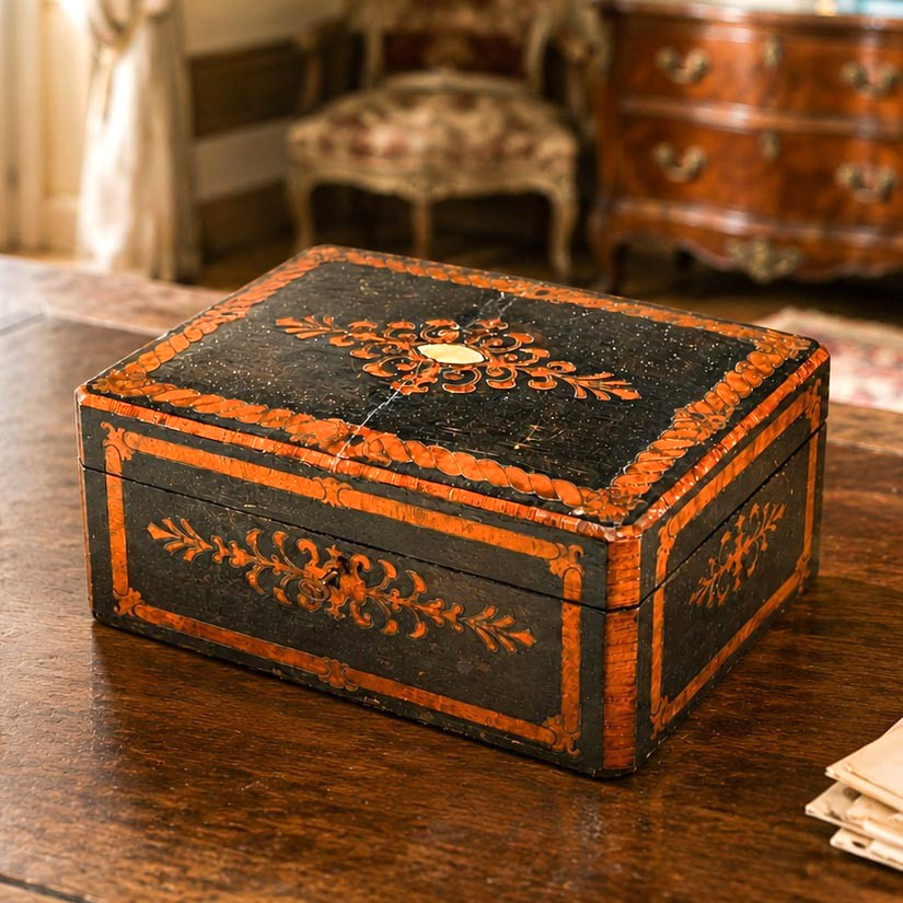 Beautiful Antique Victorian Lacquered Music Box Case Decorative Inlaid Wood Box