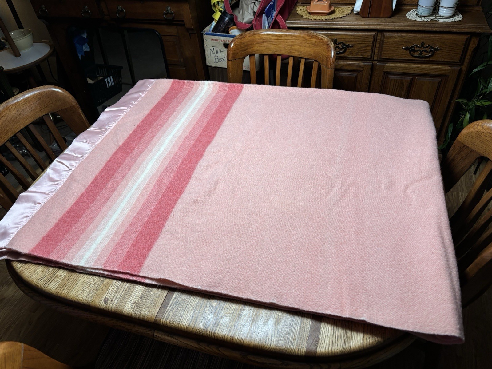 Pendleton Pink Stripe 100% Virgin Wool Satin Trim Winter Blanket Vintage 1950's