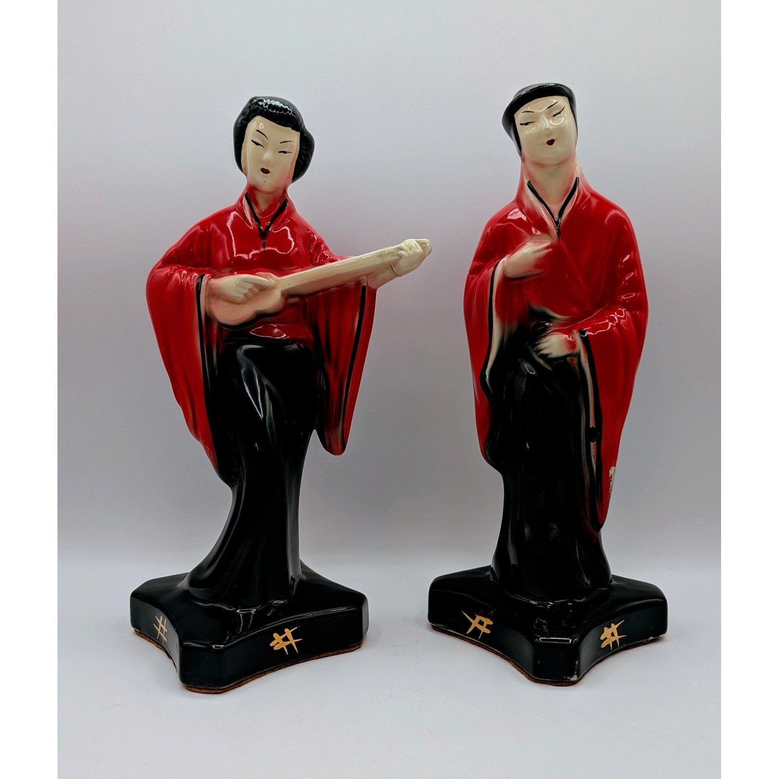 Vintage MCM Japanese Geisha Musician Ceramic Figurines Red Black Gold Set of 2