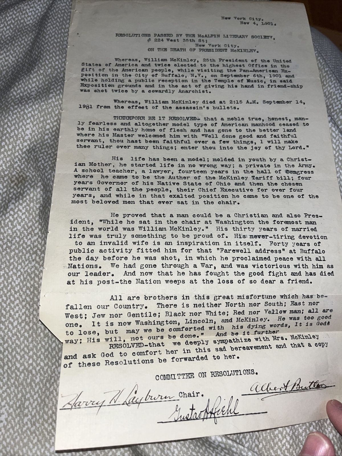 New York City McAlpin Literary Society Letter: President McKinley Assassination