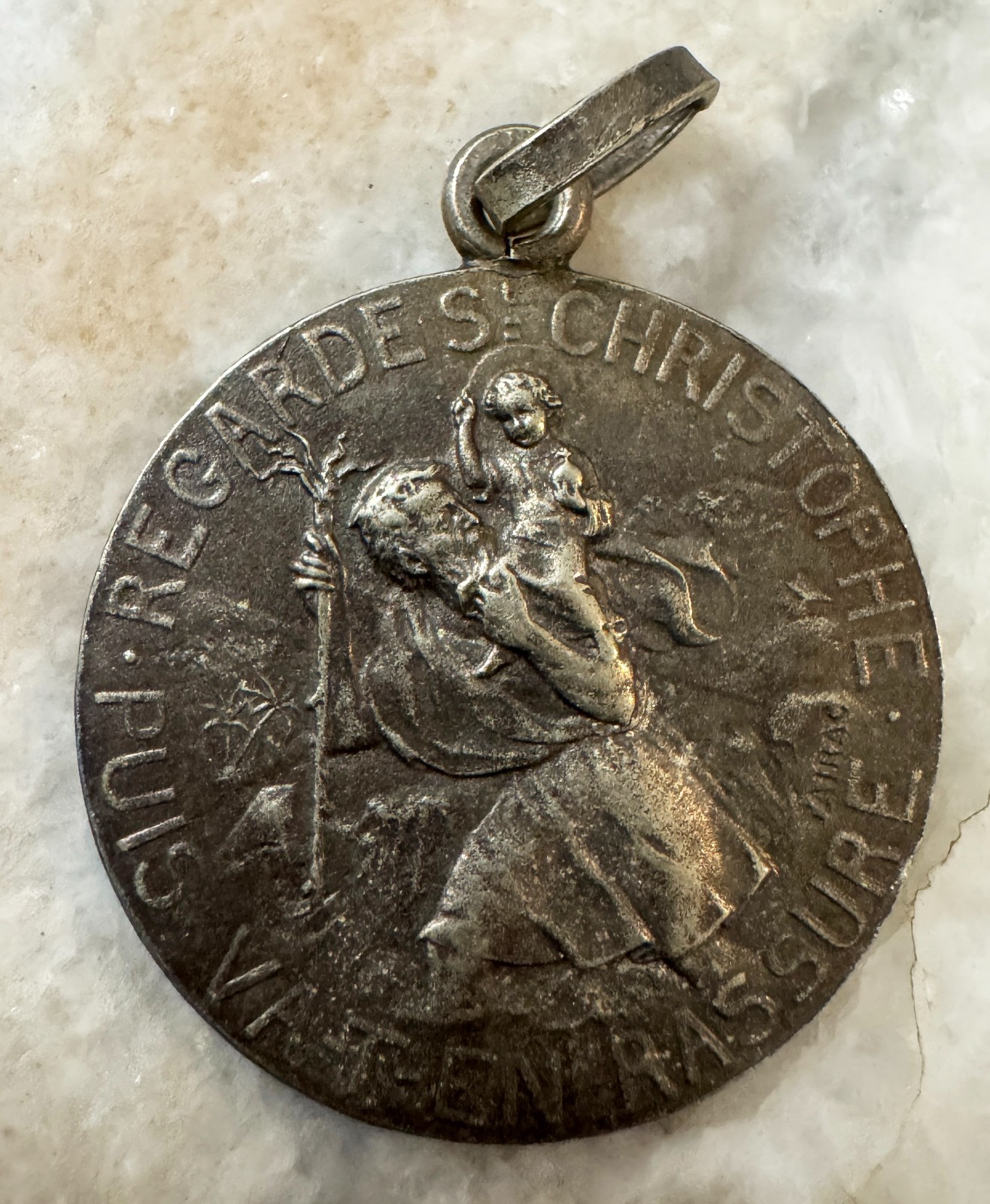 SILVER SIGNED TAIRAC S. CRISTOBAL PATRON OF DRIVERS RELIGIOUS MEDAL ANTIQUE