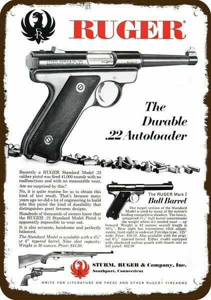 1966 RUGER .22 & MARK I BULL BARREL Vintage-Look DECORATIVE REPLICA METAL SIGN
