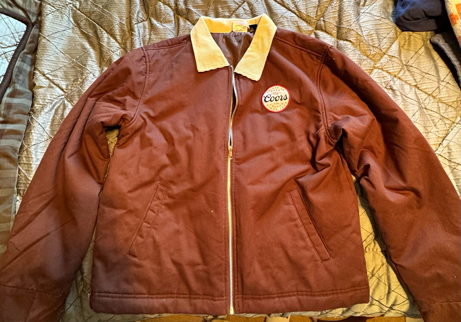 Coors Banquet Brown Zip Jacket with Cream Corduroy Collar Large