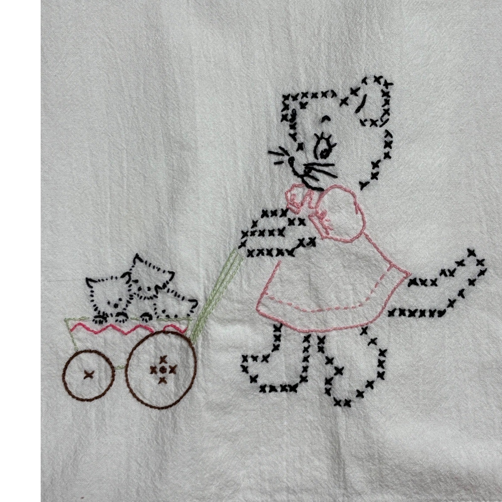 Vintage Embroidered Dish Towel Cat pushing Stroller With Kittens White Flour Sac