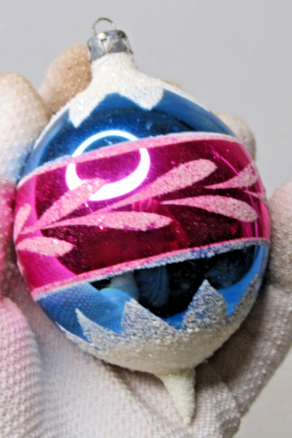Vintage Glass Mica CAP Pictured Large Drop Christmas Ornament  Pink Blue Poland