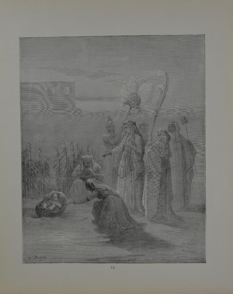 Antique Religious Art Print 1880 Gustave Dore Moses in the bulrushes Victorian