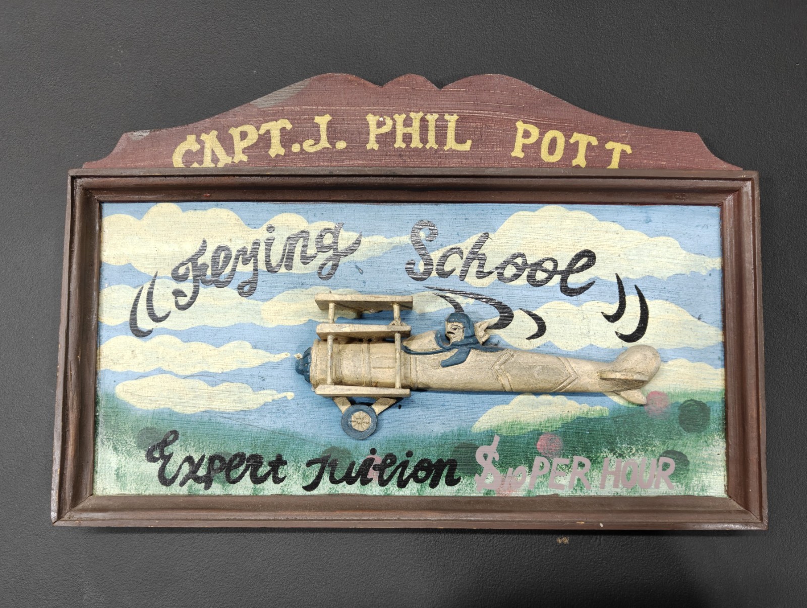 Vintage Capt. J. Phil Pott Flying School Wooden Hanging Sign - 3D Aviation Art
