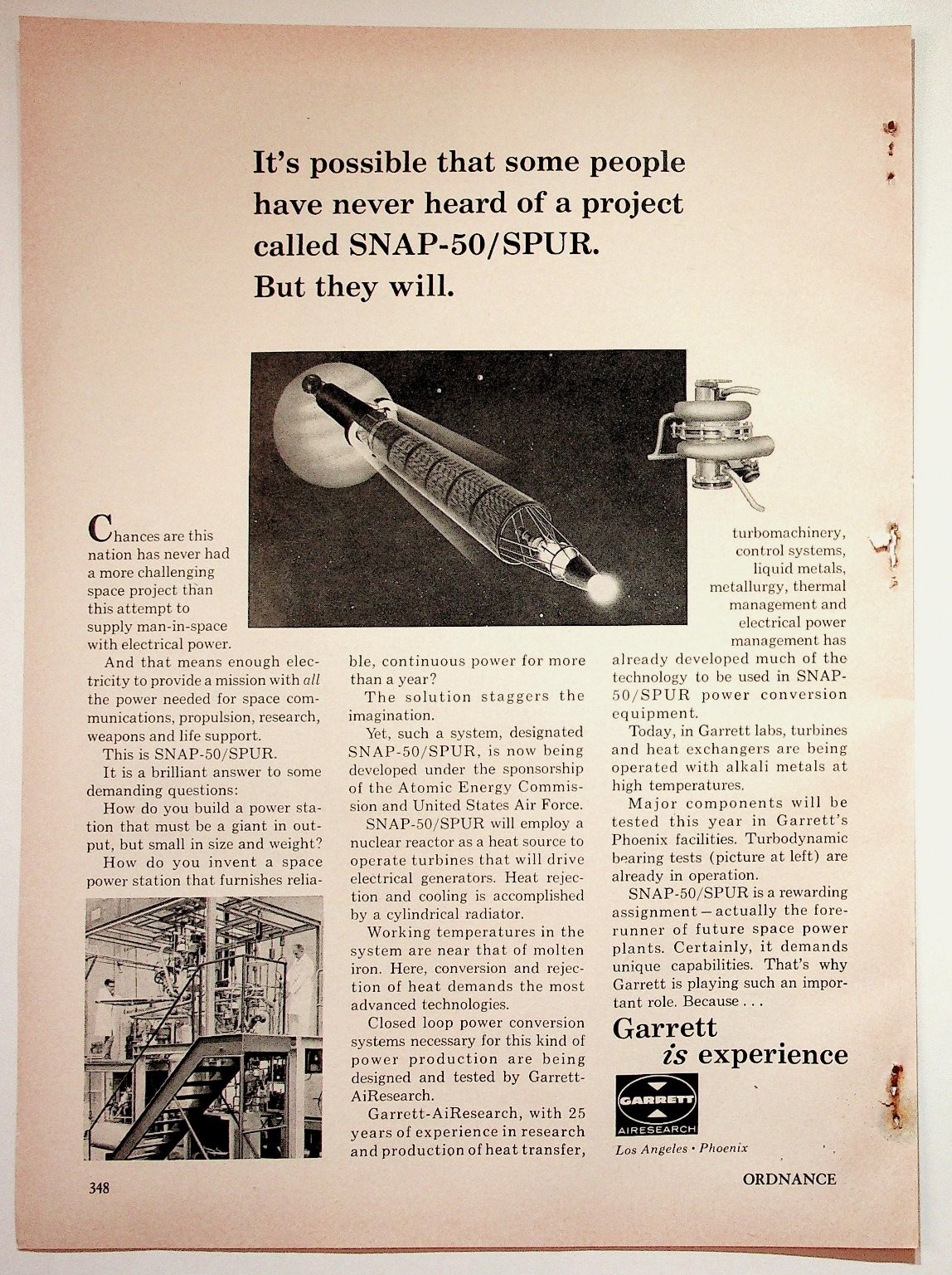 Garrett 1964 SNAP-50 SPUR Space Power Project Print Advertisement 8x11