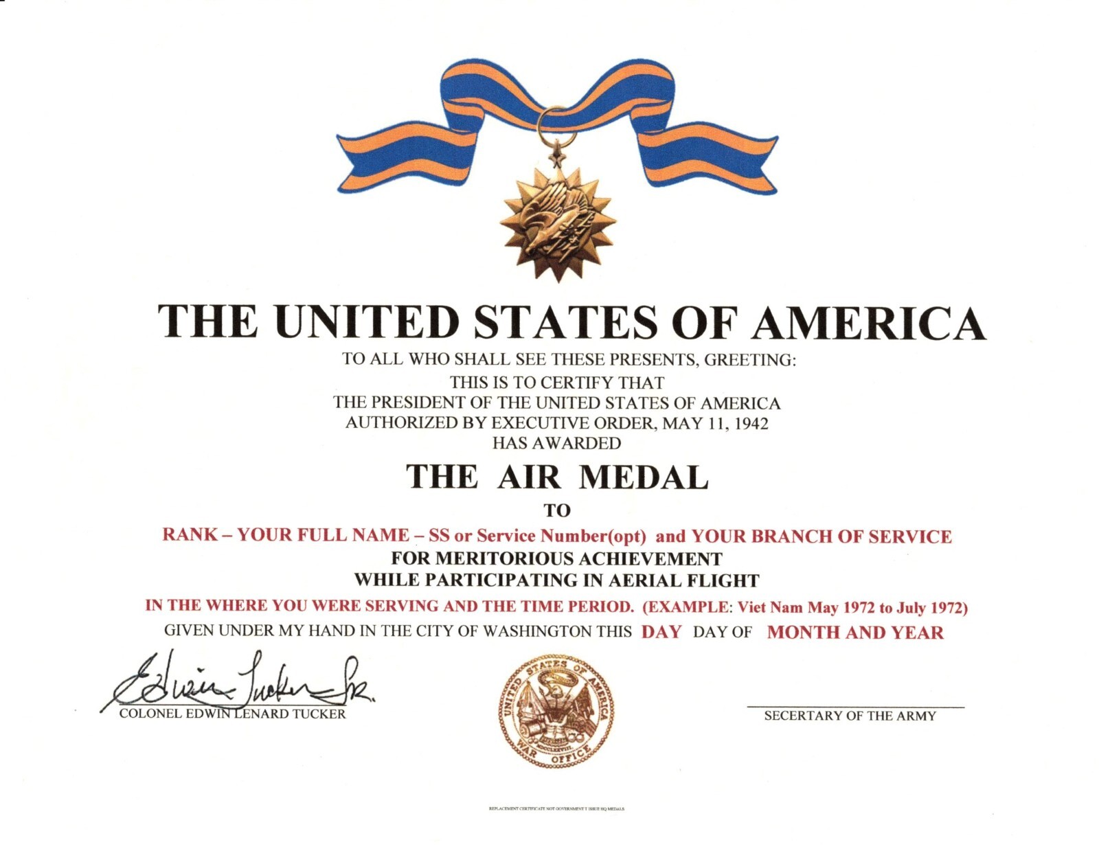 The Air Medal Replacement Certificate   Army Navy Air Force Marines Coast Guard
