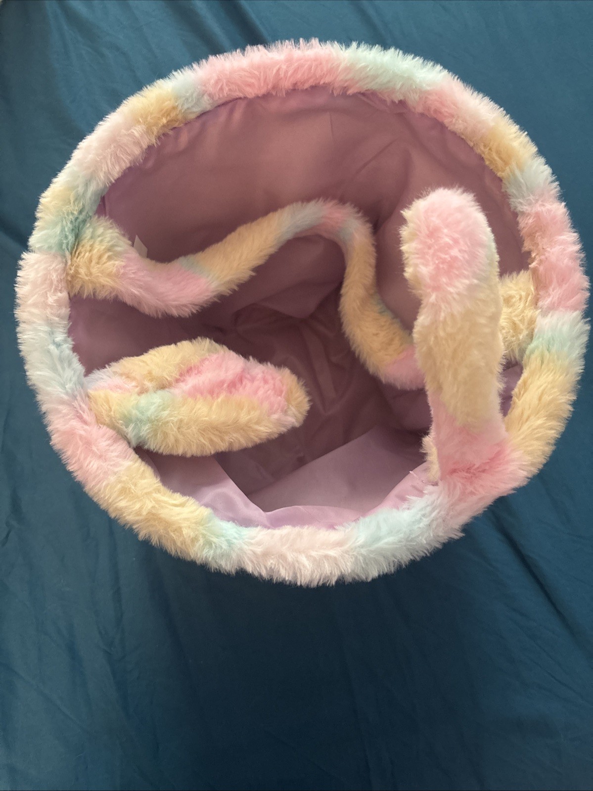 Easter Basket. Pink Multicolored/Fuzzy. 10” Wide x 9” Tall.