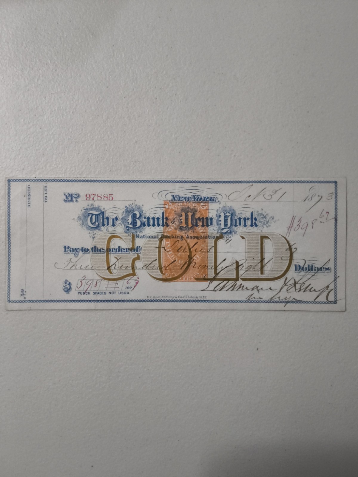 original 1873 check issued by the prominent New York drug firm, Lanman & Kemp